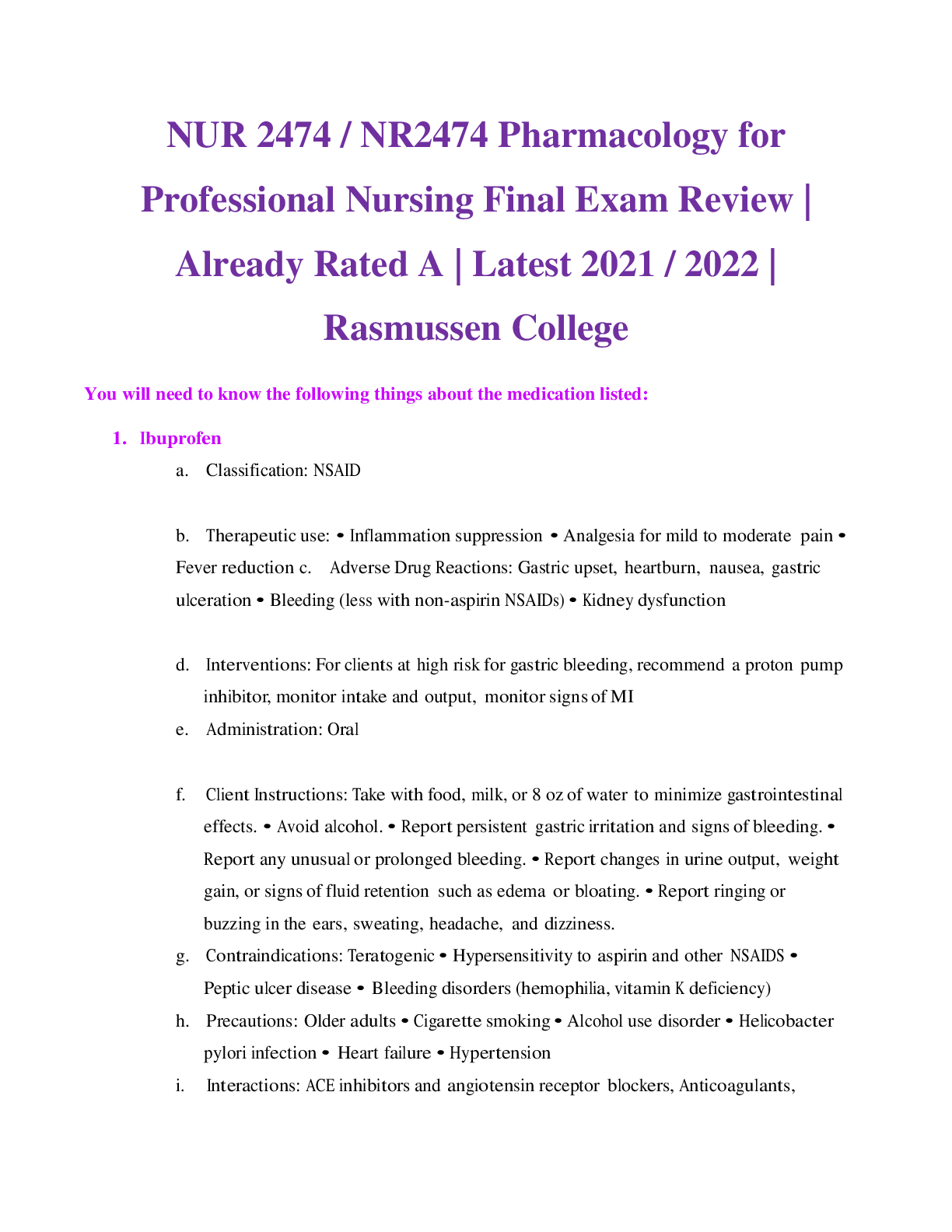 Preview image for NUR 2474 / NR2474 Pharmacology for Professional Nursing Final Exam Review | Already Rated A | Rasmussen College